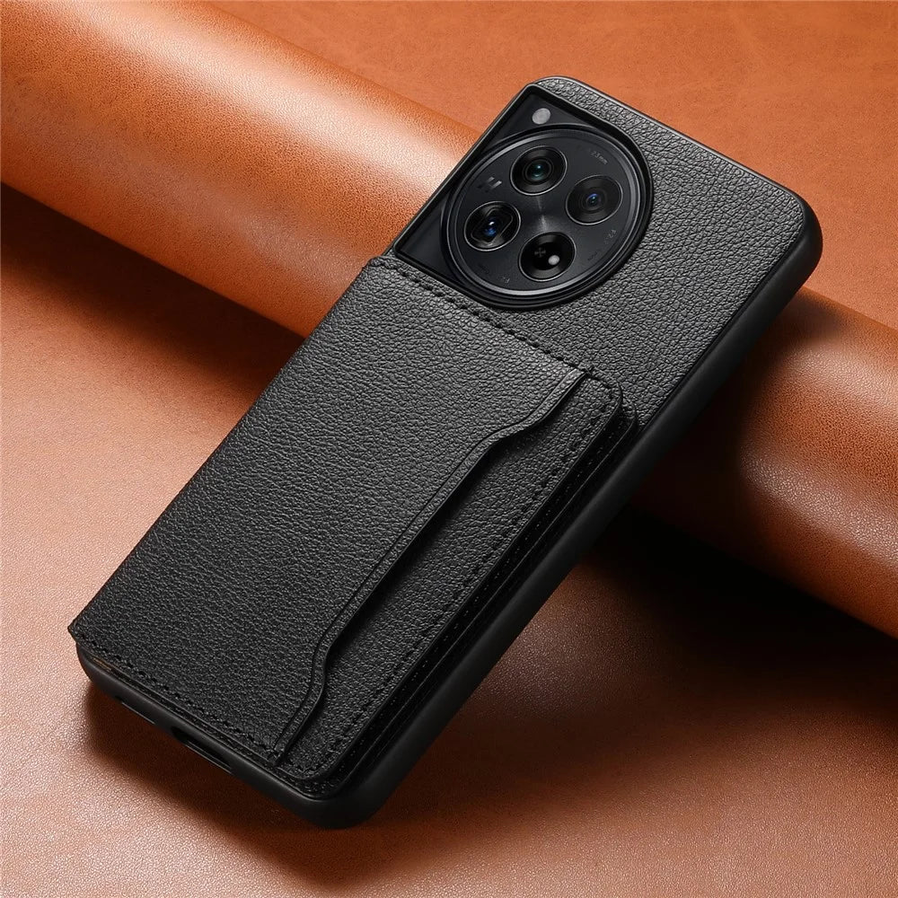For OnePlus 12 5G Case Calf Texture PU Leather Card Slots Phone Cover - Black - 6