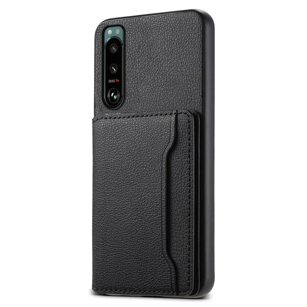For Sony Xperia 5 III 5G Case Leather+PC+TPU Hybrid Phone Cover with Card Slots - Black - 1
