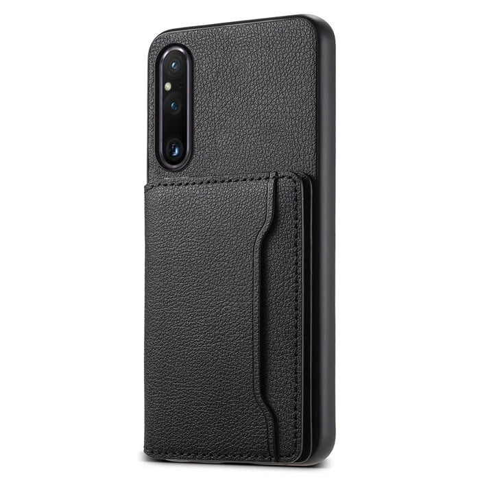 For Sony Xperia 1 V Kickstand Case Leather+PC+TPU Anti-scratch Mobile Phone Cover - Black - 1
