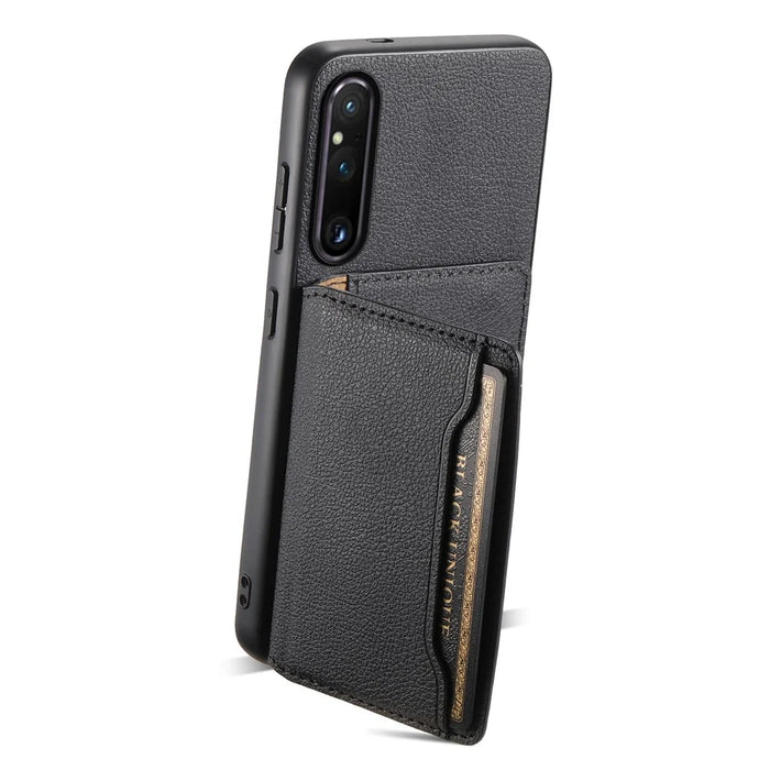 For Sony Xperia 1 V Kickstand Case Leather+PC+TPU Anti-scratch Mobile Phone Cover - Black - 2