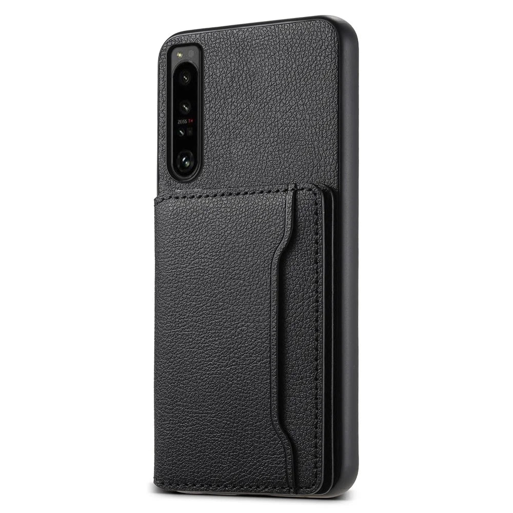 For Sony Xperia 1 IV 5G Back Case PU Leather Calf Texture Card Slots Phone Cover - Black - 1
