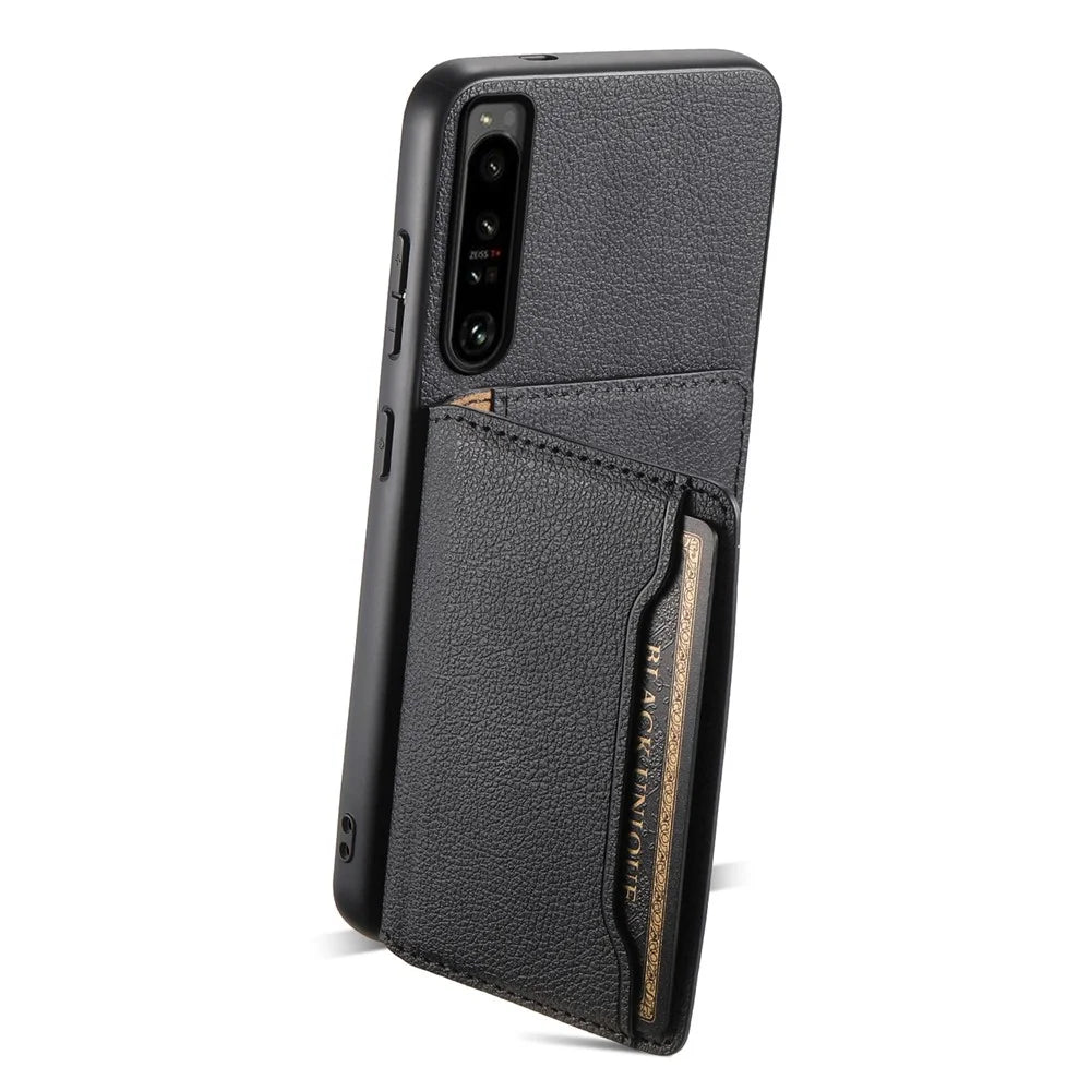 For Sony Xperia 1 IV 5G Back Case PU Leather Calf Texture Card Slots Phone Cover - Black - 2