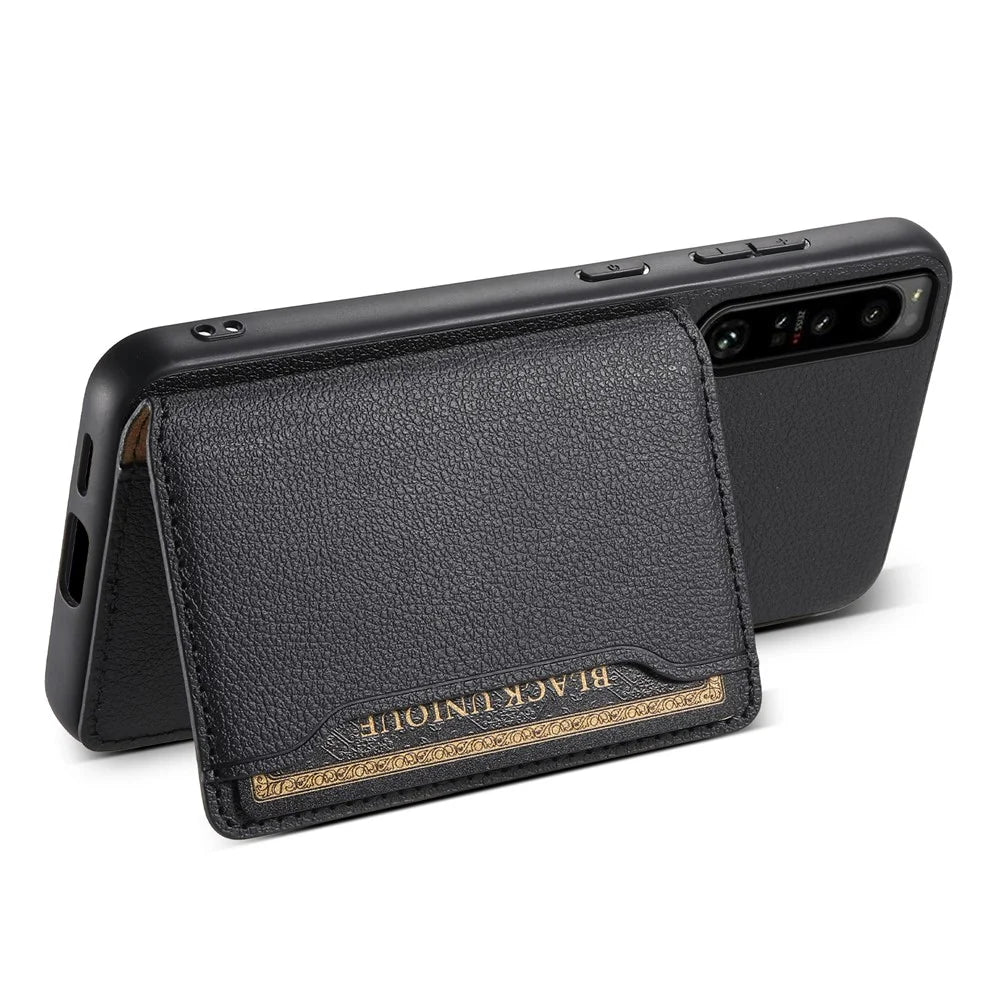 For Sony Xperia 1 IV 5G Back Case PU Leather Calf Texture Card Slots Phone Cover - Black - 3