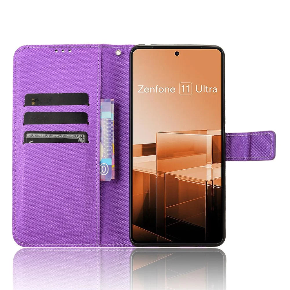 For Asus Zenfone 11 Ultra 5G Wallet Case Diamond Texture PU Leather Flip Phone Cover - Purple - 2