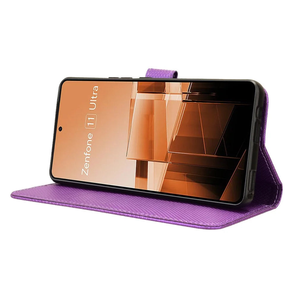For Asus Zenfone 11 Ultra 5G Wallet Case Diamond Texture PU Leather Flip Phone Cover - Purple - 3