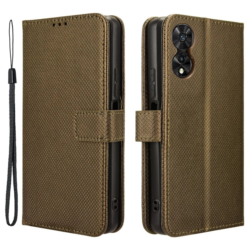 For TCL 505 T509K T5094 Case Diamond Texture PU Leather Card Slots Stand Phone Cover - Brown - 1