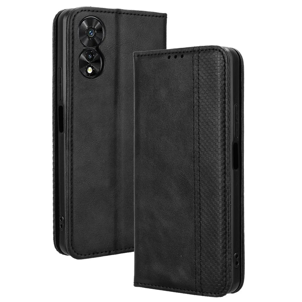 For TCL 50 SE PU Leather Phone Stand Case Retro Texture Stand Magnetic Phone Cover - Black - 1