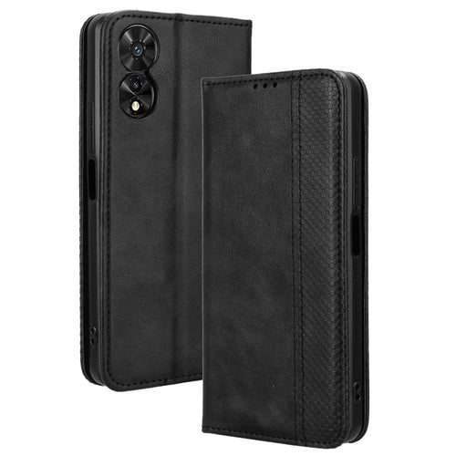 For TCL 50 SE PU Leather Phone Stand Case Retro Texture Stand Magnetic Phone Cover - Black - 1