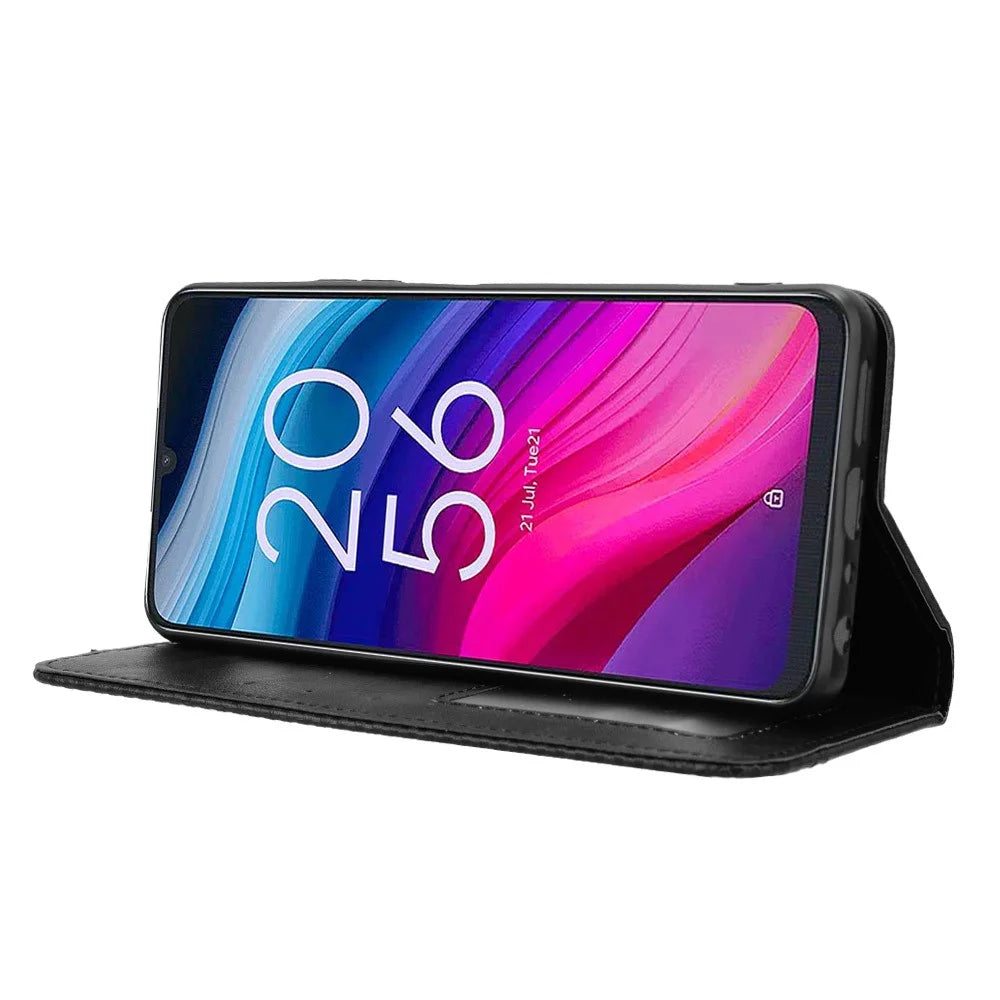For TCL 50 SE PU Leather Phone Stand Case Retro Texture Stand Magnetic Phone Cover - Black - 3
