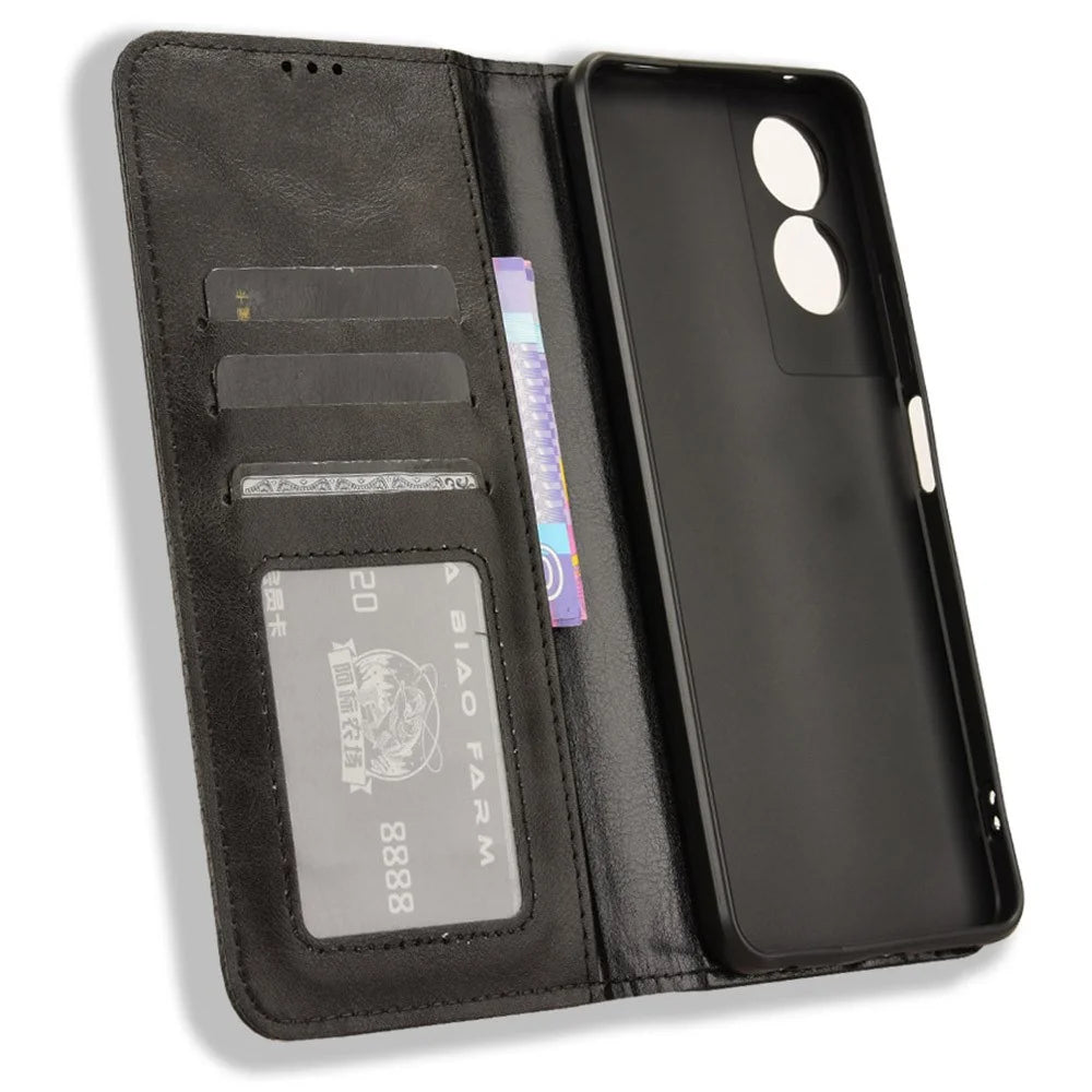 For TCL 50 SE PU Leather Phone Stand Case Retro Texture Stand Magnetic Phone Cover - Black - 5