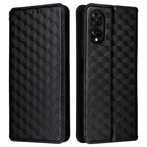 For TCL 505 T509K / T5094 Case Rhombus Pattern Leather Stand Folio Flip Phone Cover - Black - 1