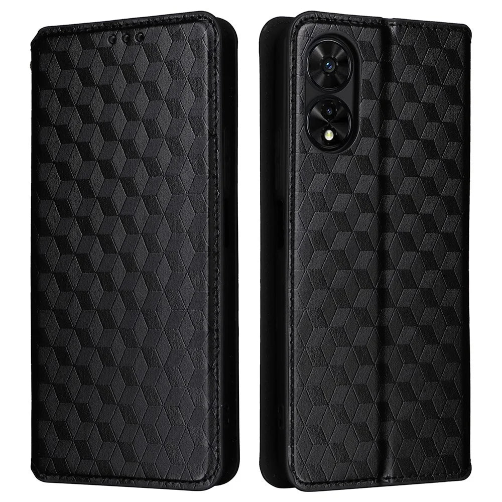 For TCL 505 T509K / T5094 Case Rhombus Pattern Leather Stand Folio Flip Phone Cover - Black - 1