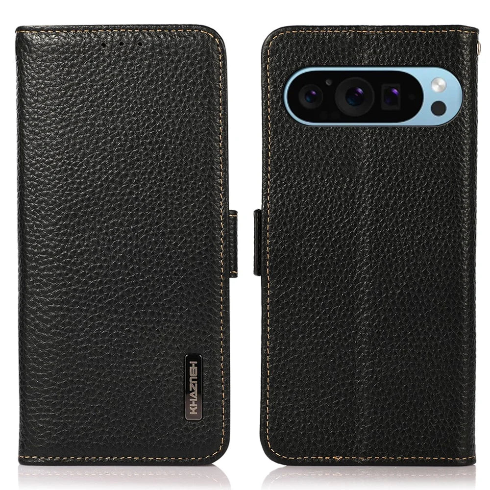 KHAZNEH For Google Pixel 10 Pro / 10 / 9 Pro / 9 Case Genuine Cow Leather RFID Blocking Phone Cover - Black - 1