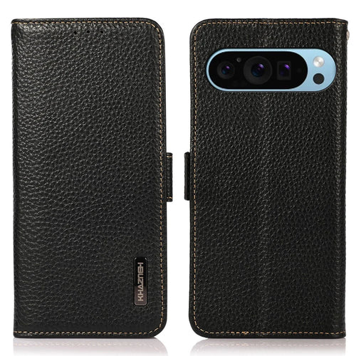 KHAZNEH For Google Pixel 10 Pro / 10 / 9 Pro / 9 Case Genuine Cow Leather RFID Blocking Phone Cover - Black - 1