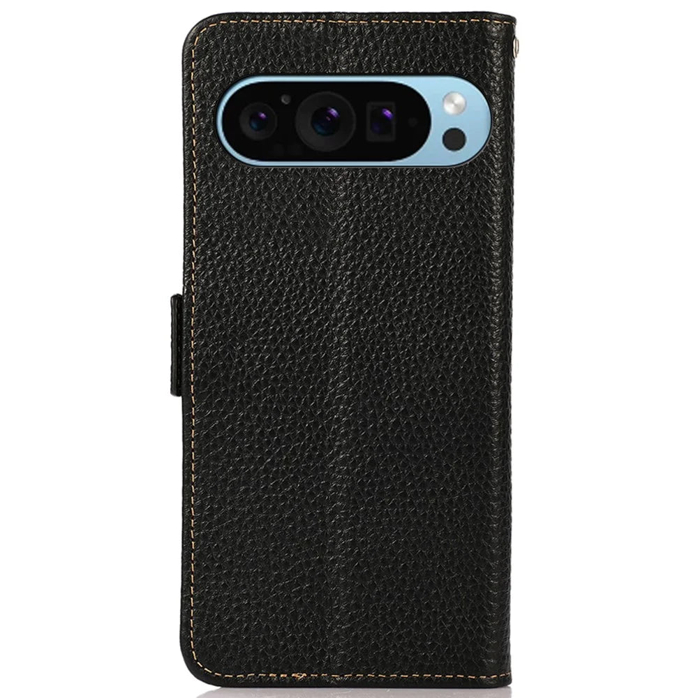KHAZNEH For Google Pixel 10 Pro / 10 / 9 Pro / 9 Case Genuine Cow Leather RFID Blocking Phone Cover - Black - 7