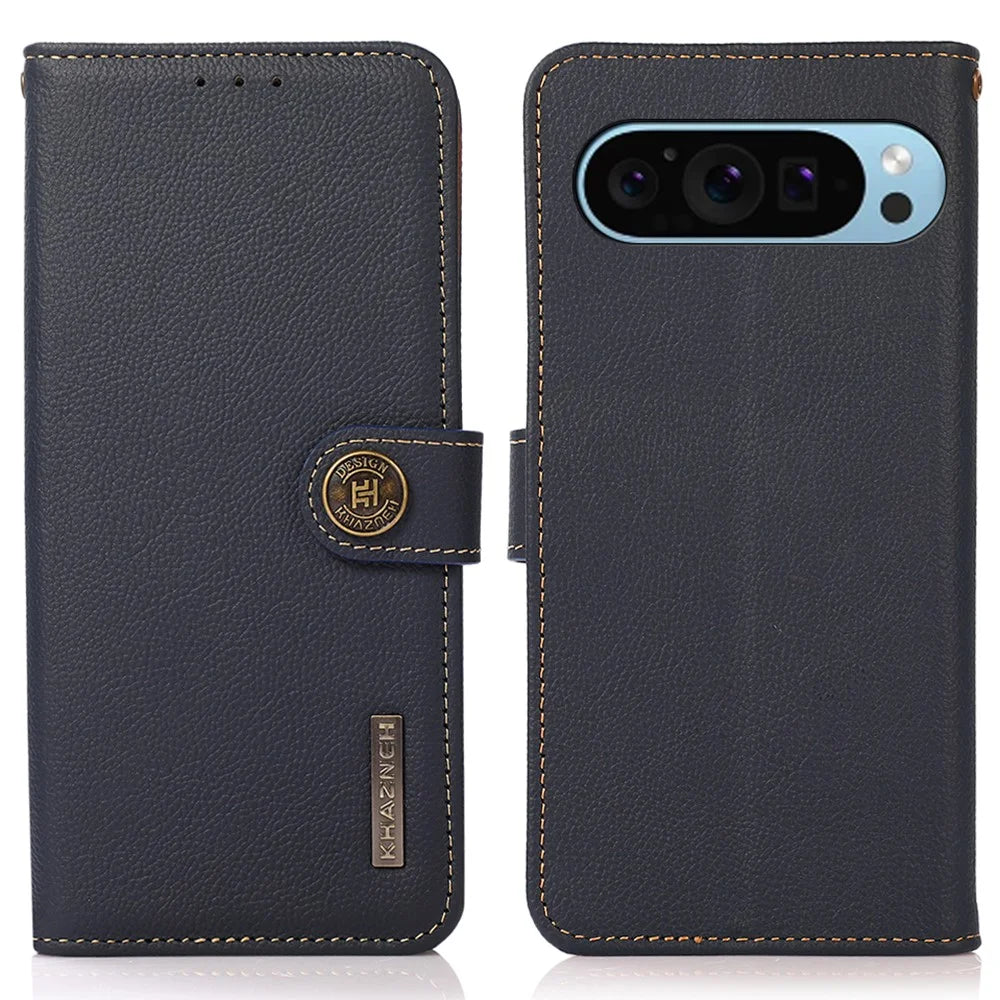 KHAZNEH For Google Pixel 10 Pro / 10 / 9 Pro / 9 Case RFID Blocking Anti-Drop TPU+Genuine Cow Leather Phone Cover - Blue - 1