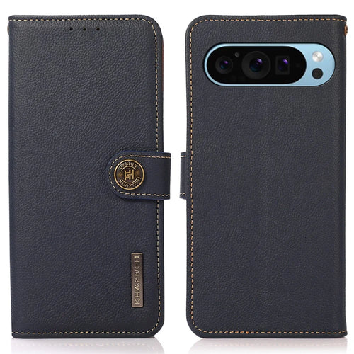 KHAZNEH For Google Pixel 10 Pro / 10 / 9 Pro / 9 Case RFID Blocking Anti-Drop TPU+Genuine Cow Leather Phone Cover - Blue - 1