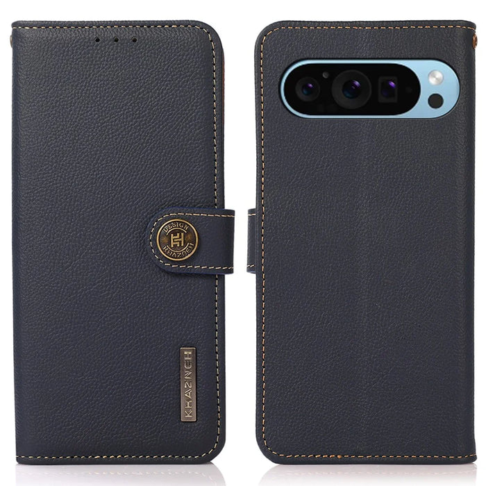 KHAZNEH For Google Pixel 10 Pro / 10 / 9 Pro / 9 Case RFID Blocking Anti-Drop TPU+Genuine Cow Leather Phone Cover - Blue - 1