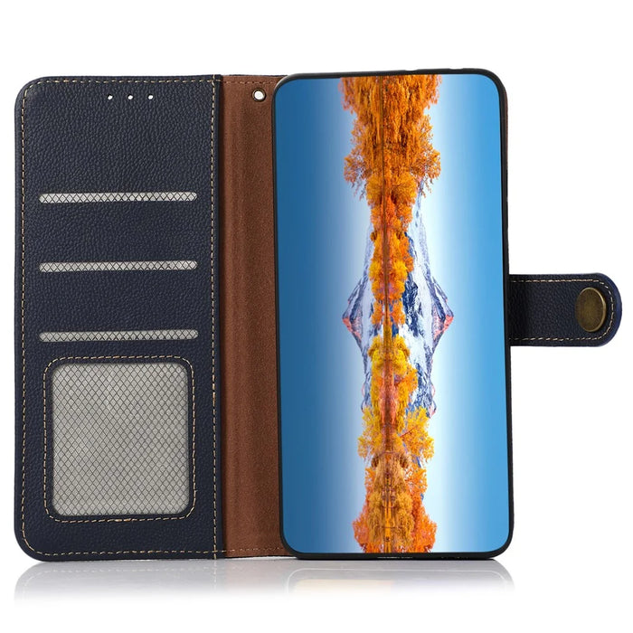 KHAZNEH For Google Pixel 10 Pro / 10 / 9 Pro / 9 Case RFID Blocking Anti-Drop TPU+Genuine Cow Leather Phone Cover - Blue - 4