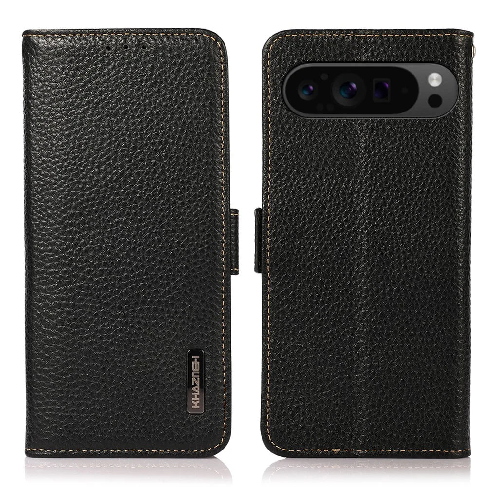 KHAZNEH For Google Pixel 10 Pro XL / 9 Pro XL Magnetic Phone Case Genuine Cow Leather RFID Blocking Cover - Black - 1