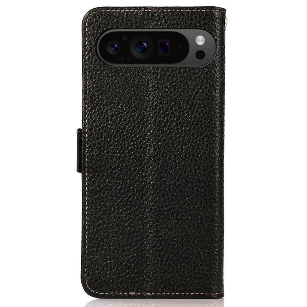 KHAZNEH For Google Pixel 10 Pro XL / 9 Pro XL Magnetic Phone Case Genuine Cow Leather RFID Blocking Cover - Black - 7