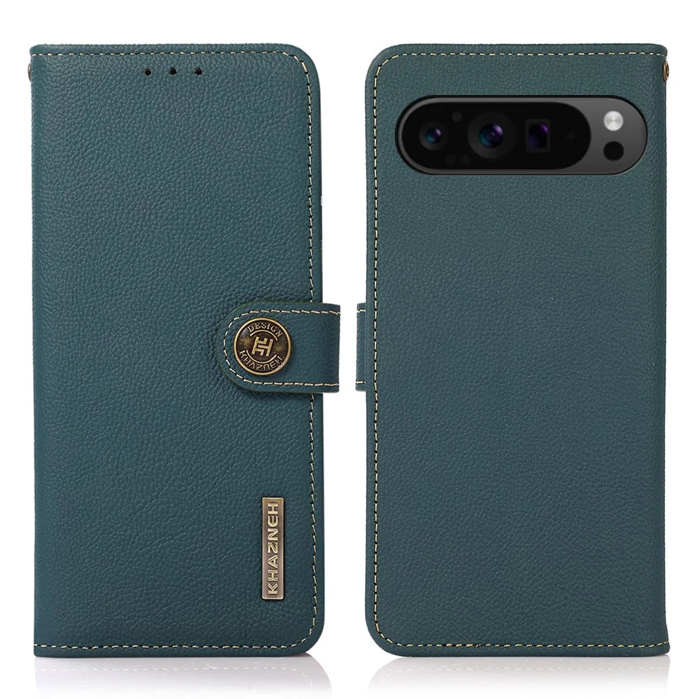 KHAZNEH For Google Pixel 10 Pro XL / 9 Pro XL Case RFID Blocking Genuine Cow Leather RFID Blocking Wallet Phone Cover - Green - 1