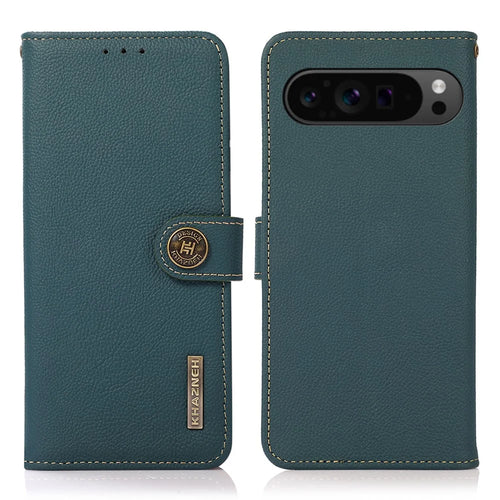 KHAZNEH For Google Pixel 10 Pro XL / 9 Pro XL Case RFID Blocking Genuine Cow Leather RFID Blocking Wallet Phone Cover - Green - 1
