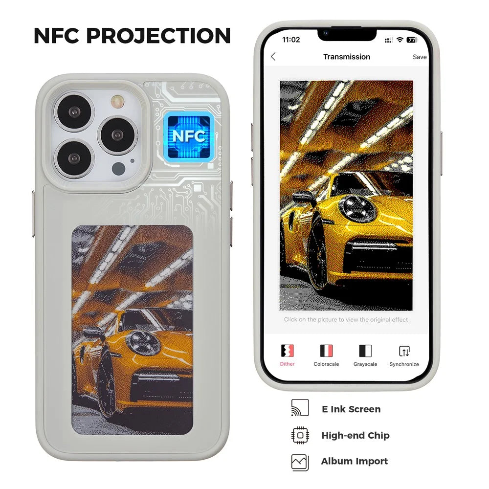 INKZONE For iPhone 13 Pro Case 4-Color Customizable E-Ink Display Phone Case PC+TPU Cover - Grey - 4