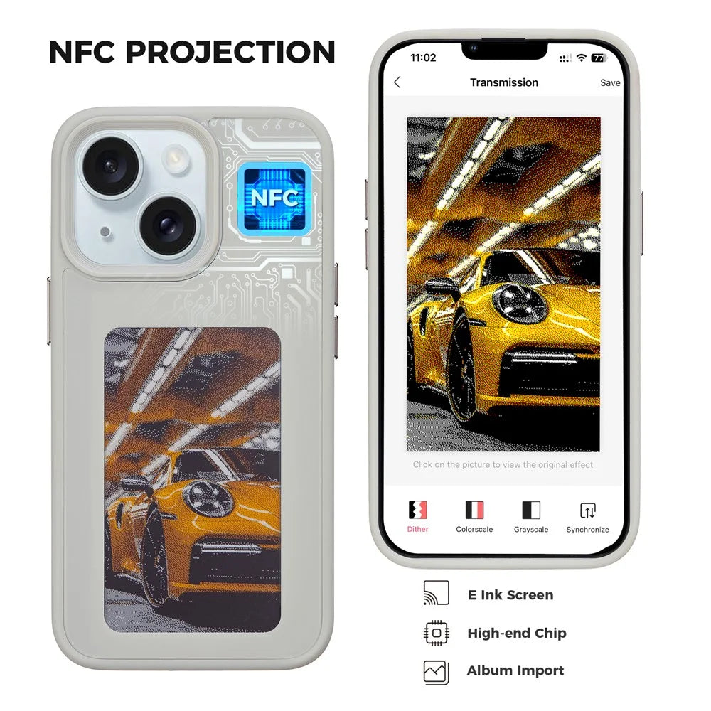 INKZONE For iPhone 13  /  14 Case PC+TPU 4-Color E Ink Case DIY Smart Display Customized Phone Cover - Grey - 4