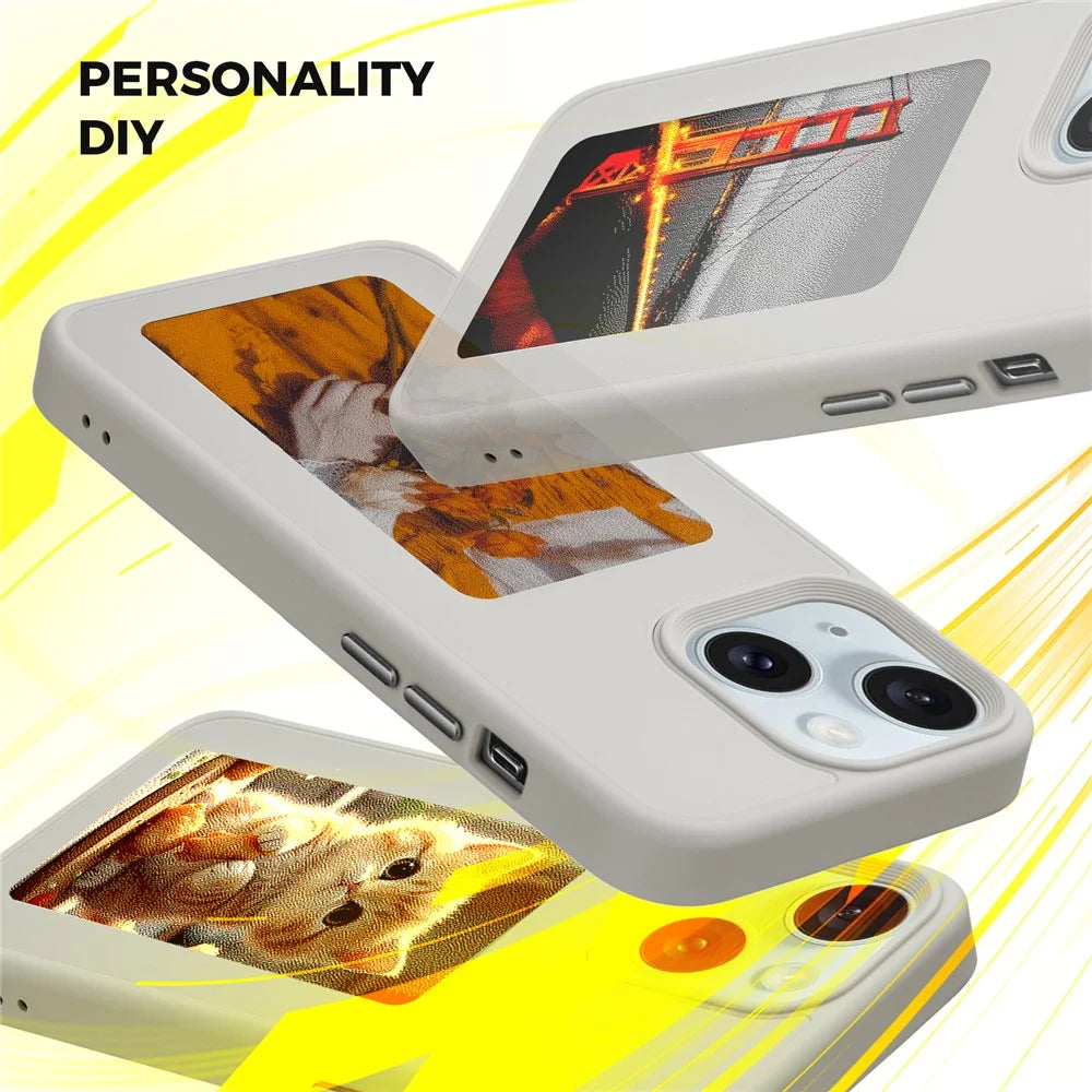 INKZONE For iPhone 13  /  14 Case PC+TPU 4-Color E Ink Case DIY Smart Display Customized Phone Cover - Grey - 5