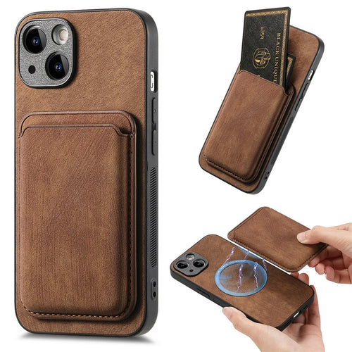 For iPhone 13 Case Compatible with MagSafe Leather Back Cover with Detachable Card Holder - Brown - 1