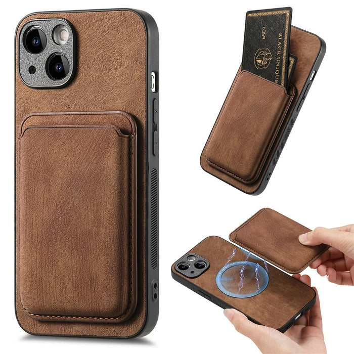 For iPhone 13 Case Compatible with MagSafe Leather Back Cover with Detachable Card Holder - Brown - 1