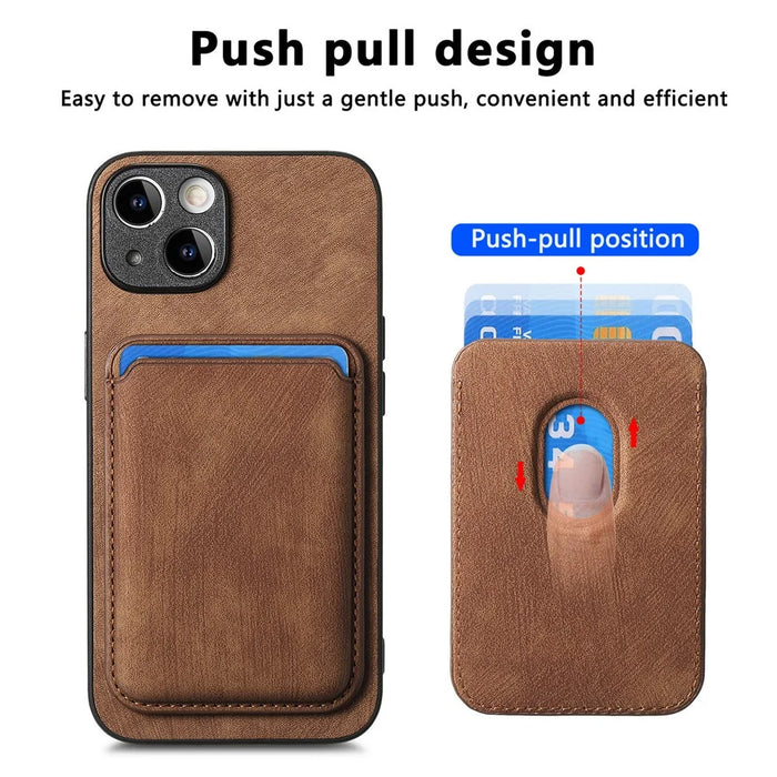 For iPhone 13 Case Compatible with MagSafe Leather Back Cover with Detachable Card Holder - Brown - 7