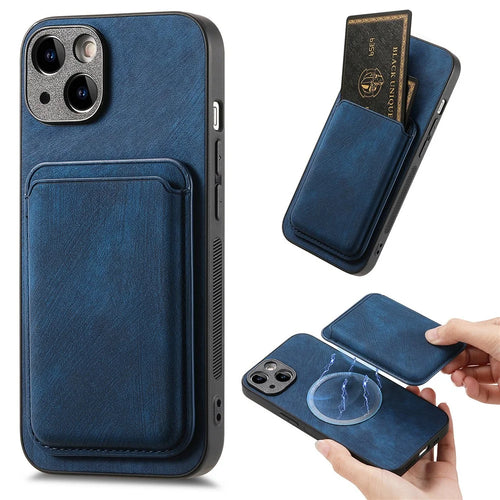 For iPhone 15 Case Compatible with MagSafe Leather Back Cover with Detachable Card Holder - Blue - 1