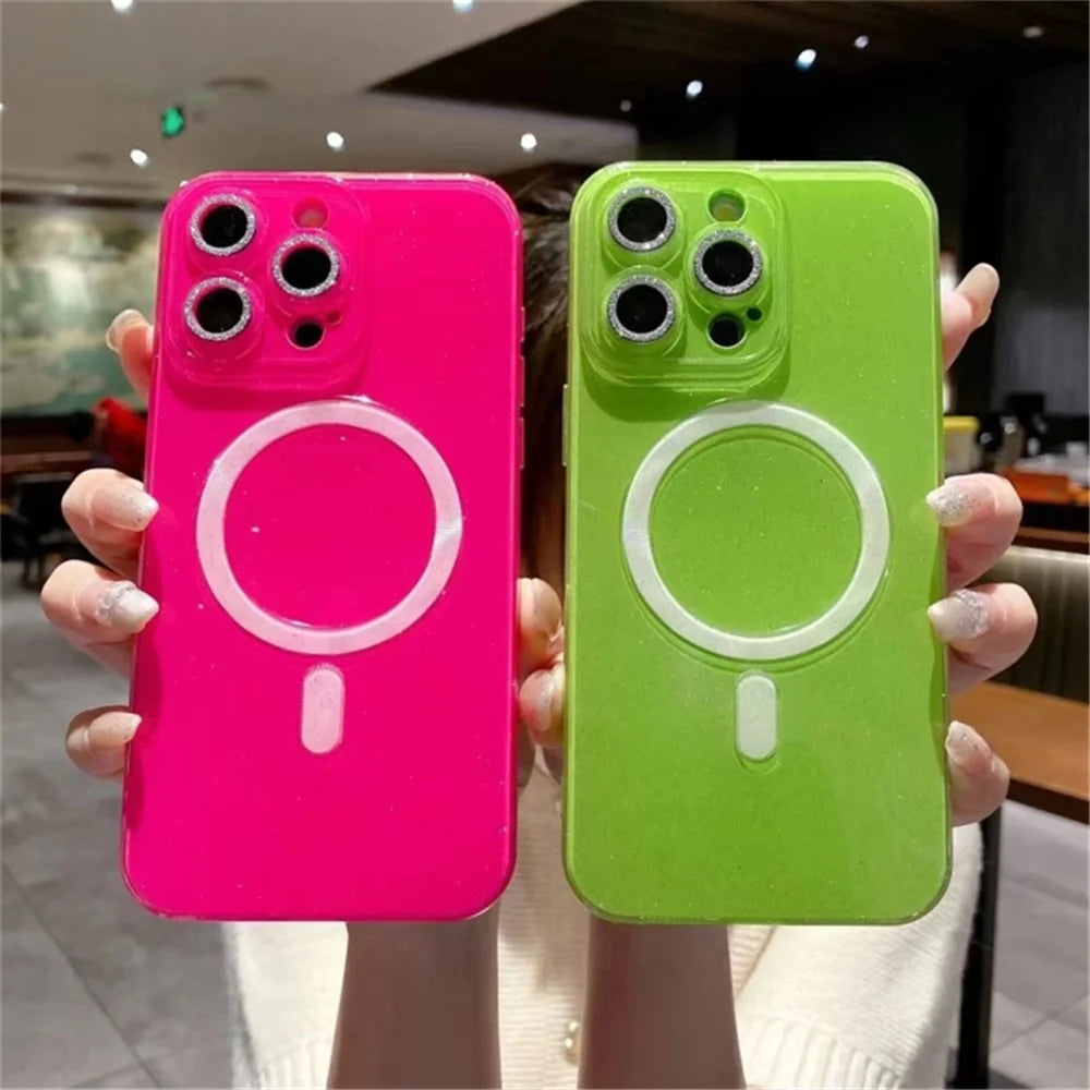 For iPhone 14 Pro TPU Phone Cover Cell Phone Case Compatible with MagSafe Shiny Glitter - Fluorescent Green - 3