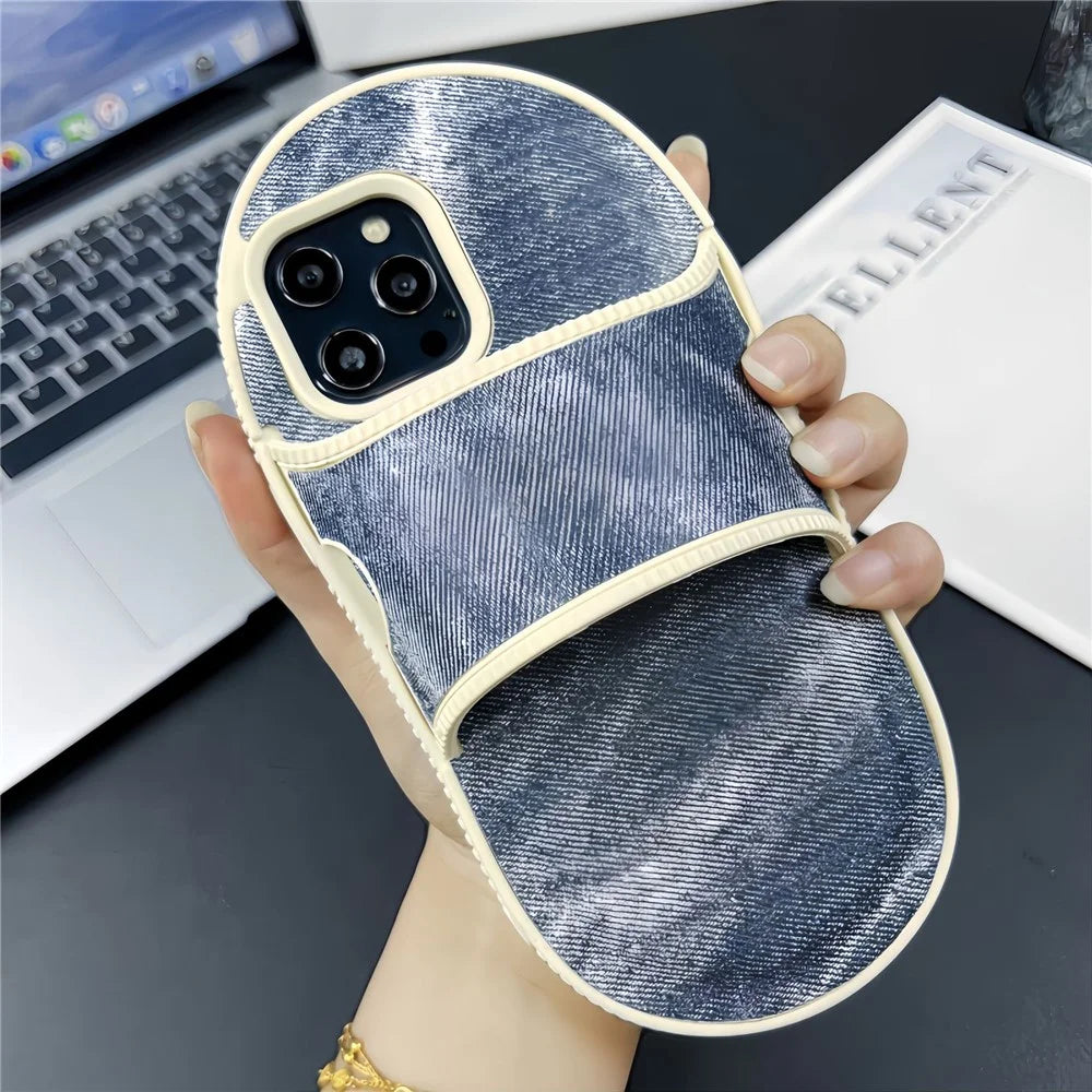 For iPhone 15 Pro Max Case Funny Denim Slipper Design Flexible TPU Phone Cover - Grey Blue - 1