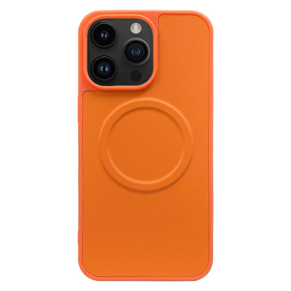 For iPhone 15 Pro Max Shockproof Case PU+TPU Slim Phone Cover Compatible with MagSafe - Orange - 1