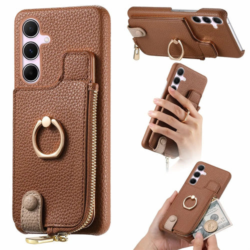 Y3 for Samsung Galaxy A55 5G Case RFID Blocking Phone Wallet Cover Supports Magnetic Car Holder - Brown - 1