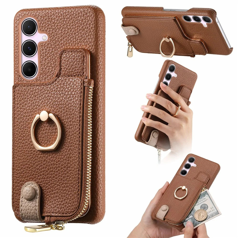 Y3 for Samsung Galaxy A55 5G Case RFID Blocking Phone Wallet Cover Supports Magnetic Car Holder - Brown - 1