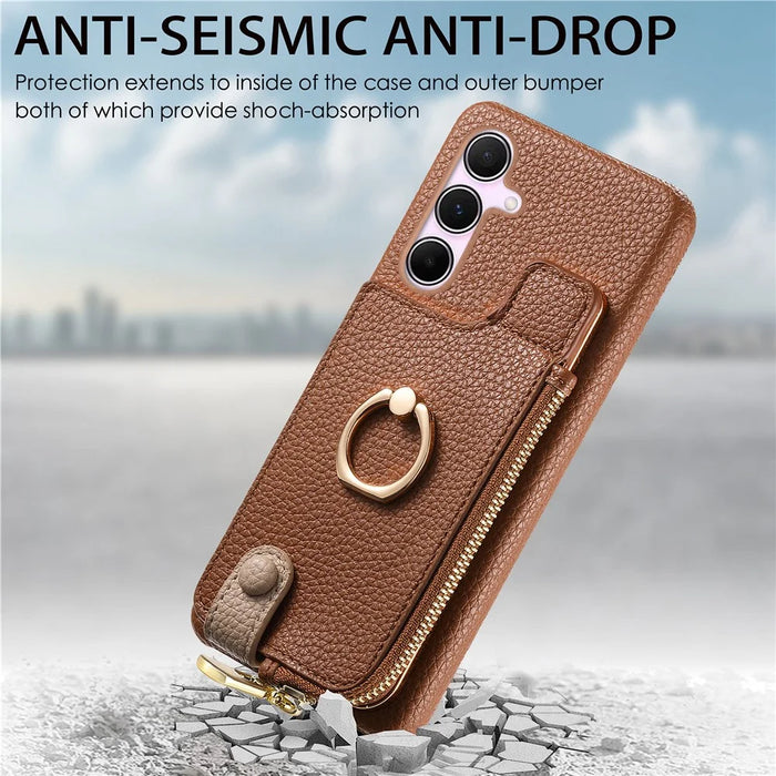 Y3 for Samsung Galaxy A55 5G Case RFID Blocking Phone Wallet Cover Supports Magnetic Car Holder - Brown - 5