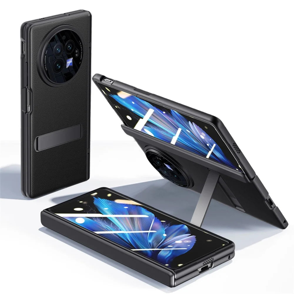 For vivo X Fold3 Case Leather Coated PC Magnetic Kickstand Phone Cover with HD Screen Film - Black - 1