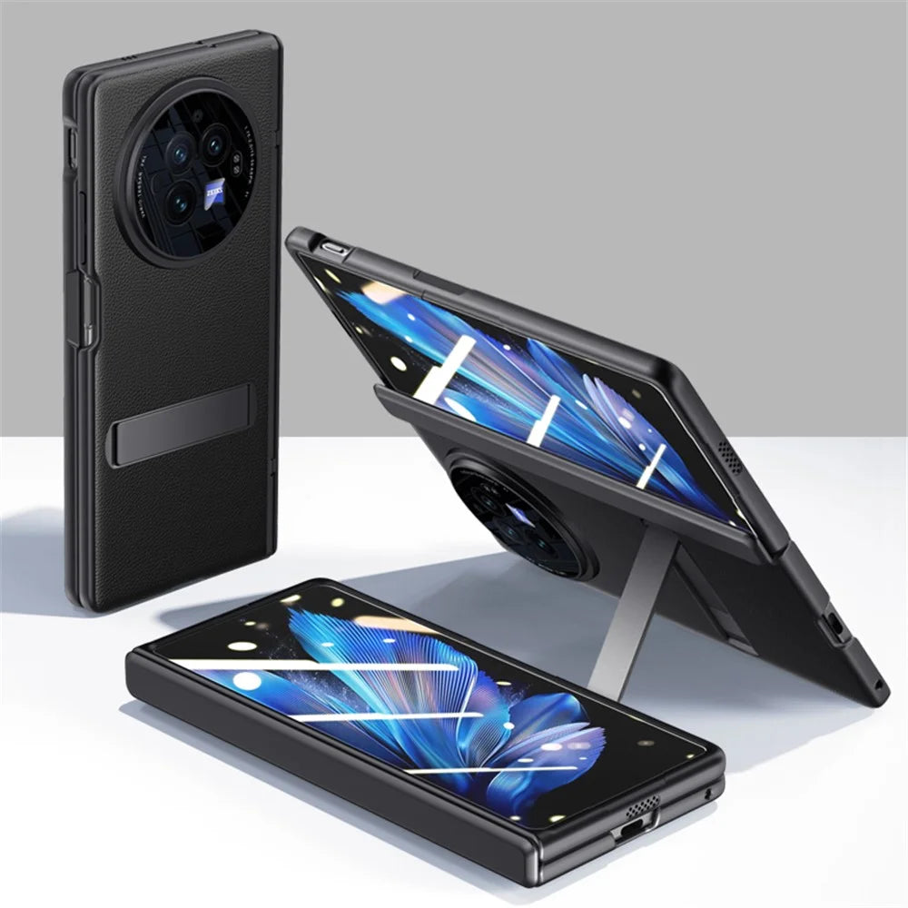 For vivo X Fold3 Case Leather Coated PC Magnetic Kickstand Phone Cover with HD Screen Film - Black - 2