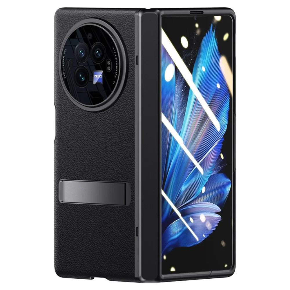 For vivo X Fold3 Case Leather Coated PC Magnetic Kickstand Phone Cover with HD Screen Film - Black - 3