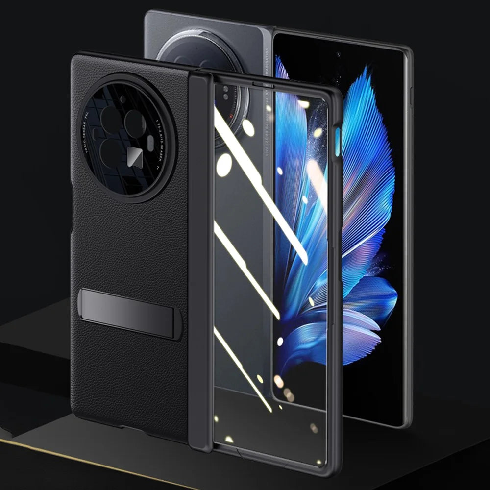 For vivo X Fold3 Case Leather Coated PC Magnetic Kickstand Phone Cover with HD Screen Film - Black - 4