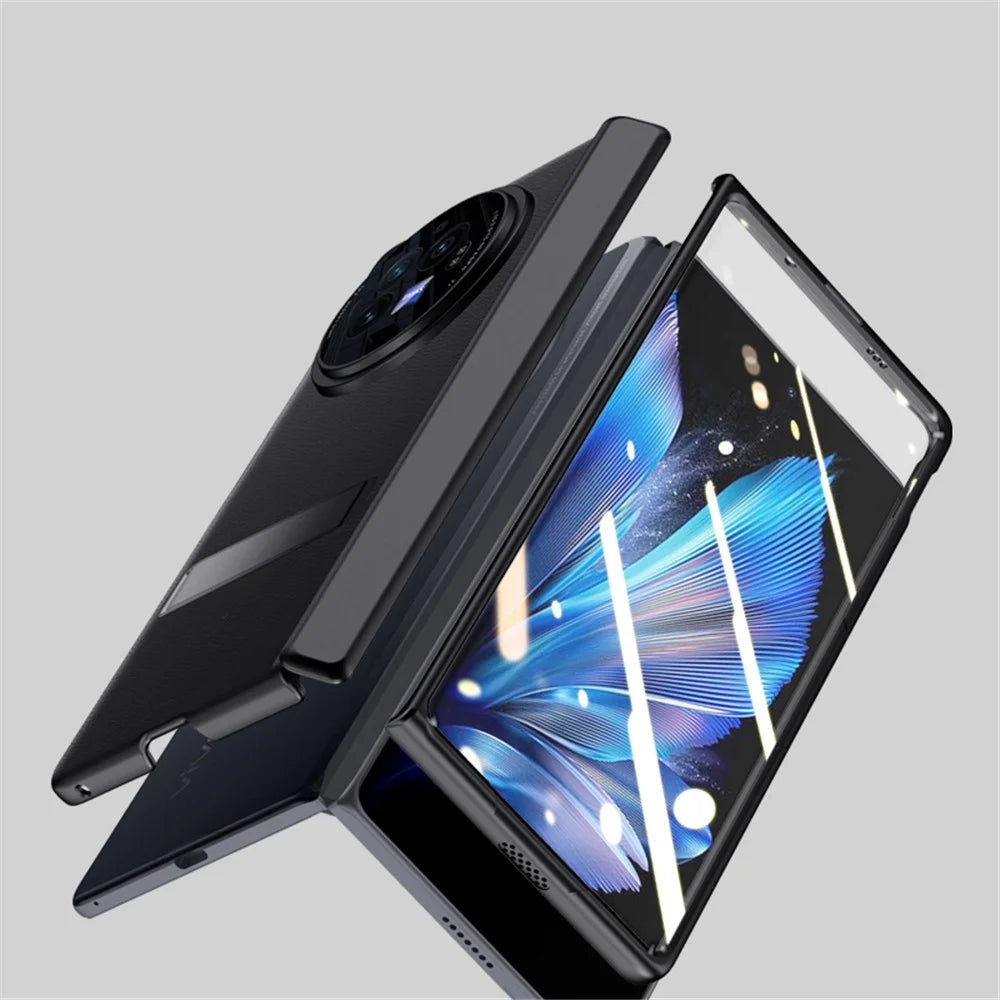 For vivo X Fold3 Case Leather Coated PC Magnetic Kickstand Phone Cover with HD Screen Film - Black - 7