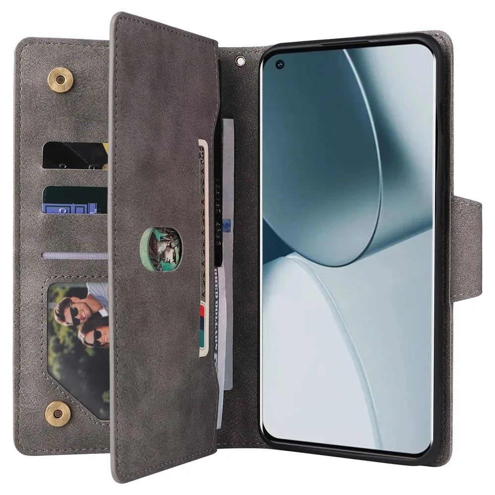 For OnePlus 10 Pro 5G Anti-fall Case Rivet Decor PU Leather Stand Wallet Phone Cover - Grey - 2