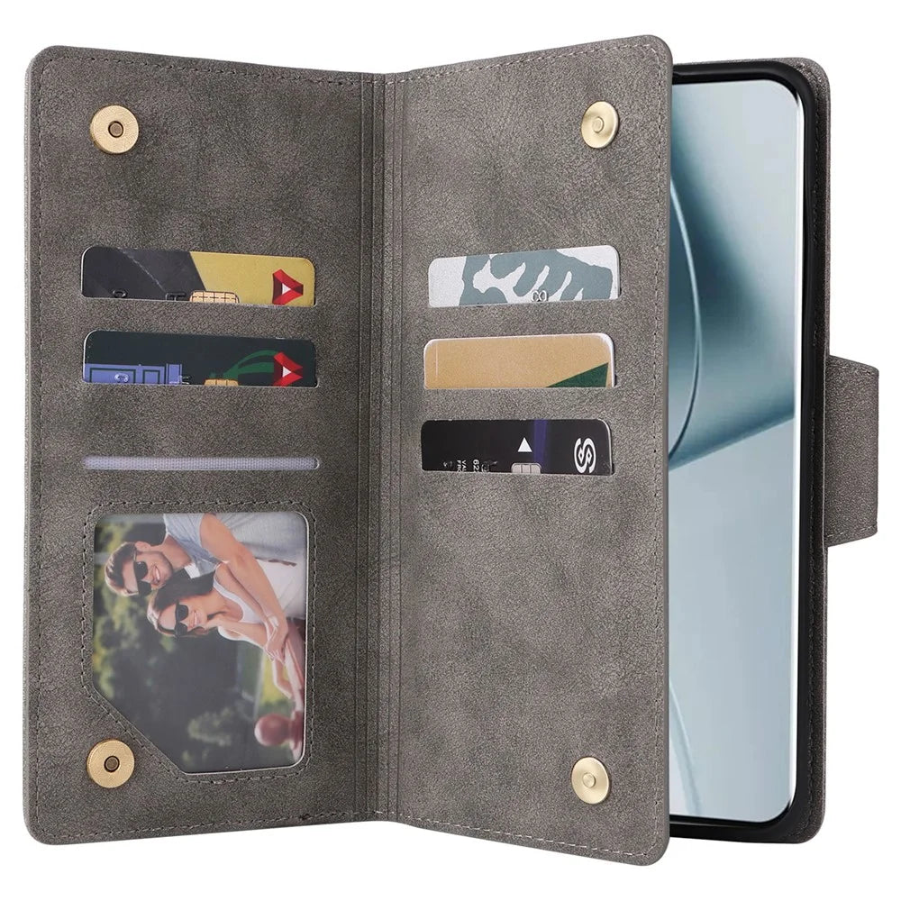 For OnePlus 10 Pro 5G Anti-fall Case Rivet Decor PU Leather Stand Wallet Phone Cover - Grey - 3