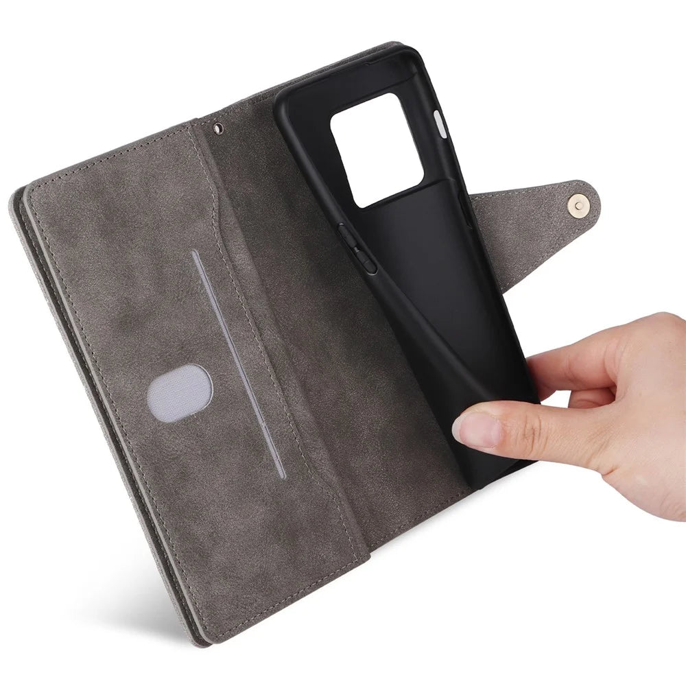 For OnePlus 10 Pro 5G Anti-fall Case Rivet Decor PU Leather Stand Wallet Phone Cover - Grey - 6