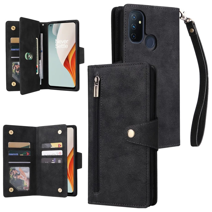 For OnePlus Nord N100 Case Zipper Pocket PU Leather Stand Rivet Decor Phone Cover - Black - 1