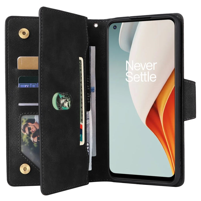 For OnePlus Nord N100 Case Zipper Pocket PU Leather Stand Rivet Decor Phone Cover - Black - 3